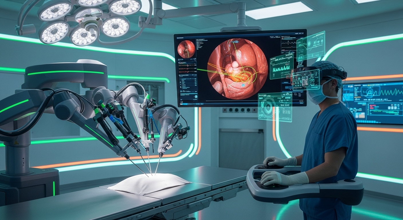 AI의 보조를 받아 정밀한 로봇 팔이 수술을 진행하고 의료진이 모니터링하는 미래 수술실