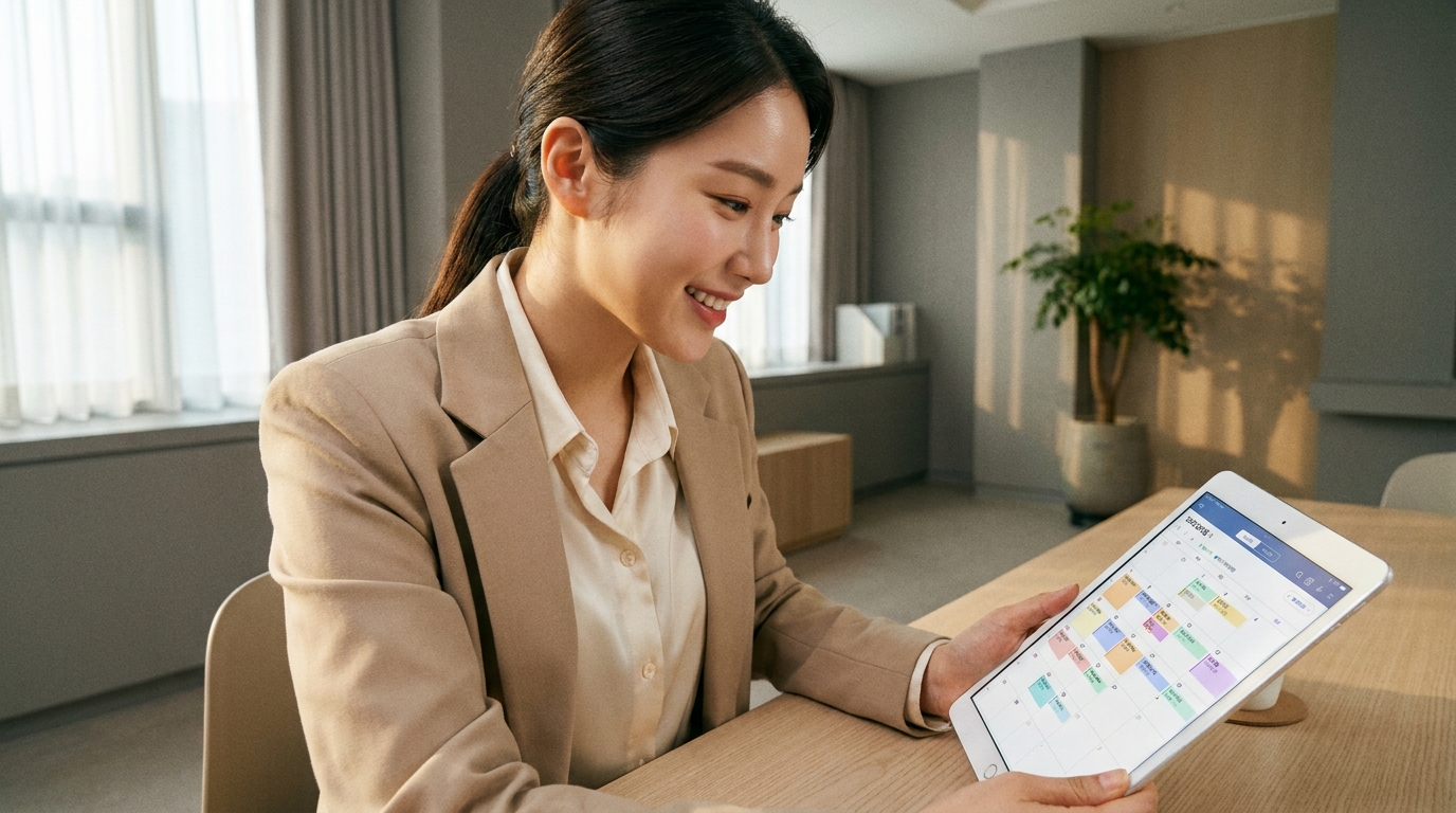 스마트 워크스페이스 패널이 띄워진 태블릿 화면을 보며 환하게 미소 짓는 청순하고 세련된 외모의 한국인 커리어우먼