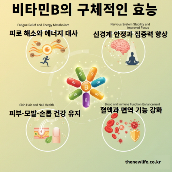 비타민B의 구체적인 효능을 시각화한 인포그래픽 &ndash; 피로 회복, 신경 안정, 피부&middot;모발&middot;손톱 건강 유지, 혈액과 면역 기능 강화 등 주요 작용을 한눈에 보여줍니다.