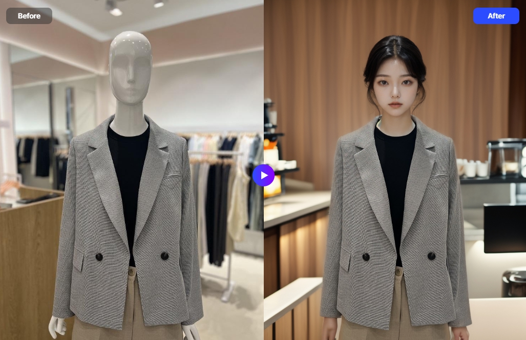 マネキン写真がモデル写真に変換された画像。