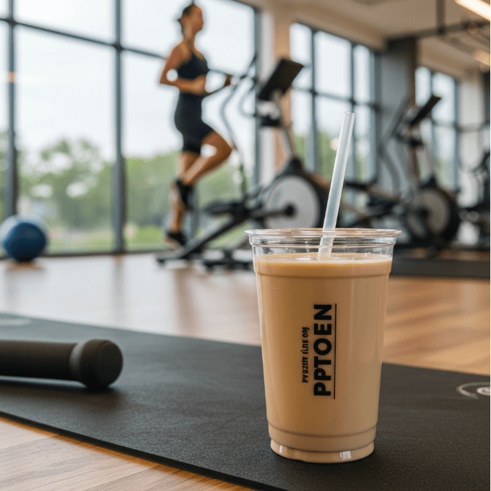 헬스장 안에 저 앞으로 운동하고 있는 사람이 있고 화면 가까운 곳에 프로틴 음료에 빨대가 꽂혀 있는 모습