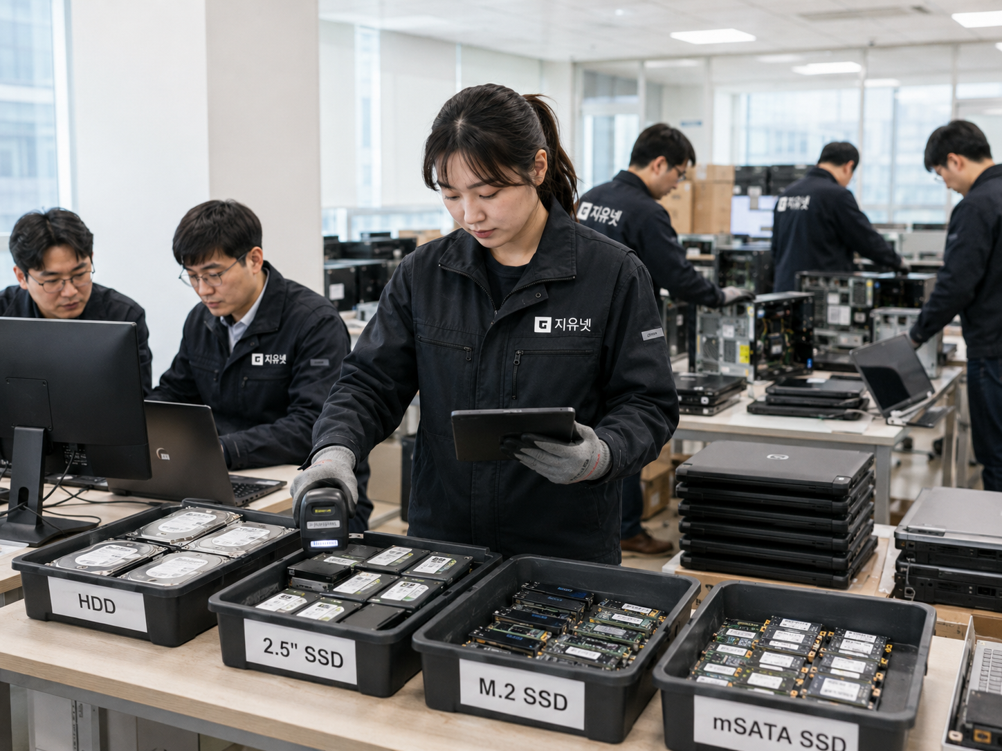 PC와 노트북에서 분리한 HDD SSD M.2 SSD mSATA SSD를 파기 방식별로 구분하는 장면