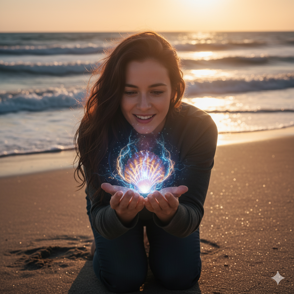 해변 모래사장에서 여성이 빛나는 조개(쿼리)를 발견하는 모습