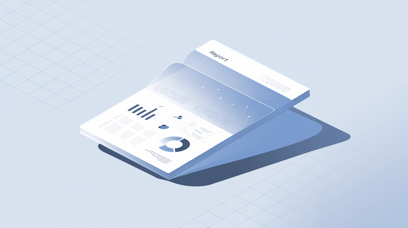 Multiple pages of a business report stacked together showing data charts and analytics on a light gradient background
