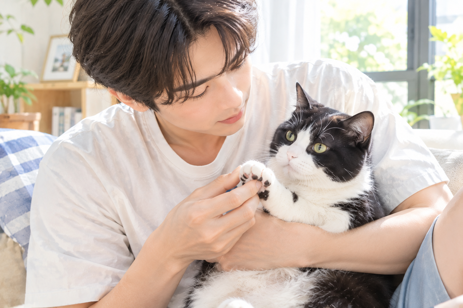 부드럽게 고양이 앞발을 살피는 보호자의 손길