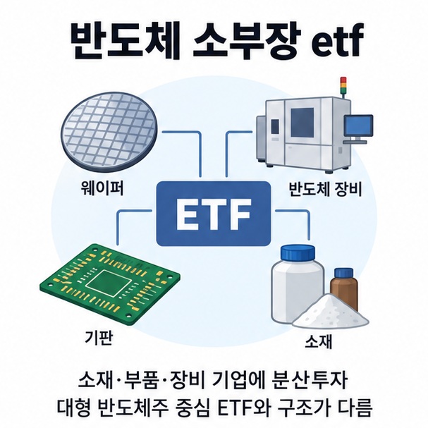 반도체 소부장 etf라는 제목과 반도체 웨이퍼, 장비, 기판, 소재 기업을 ETF 포트폴리오로 묶어 표현한 대표 이미지