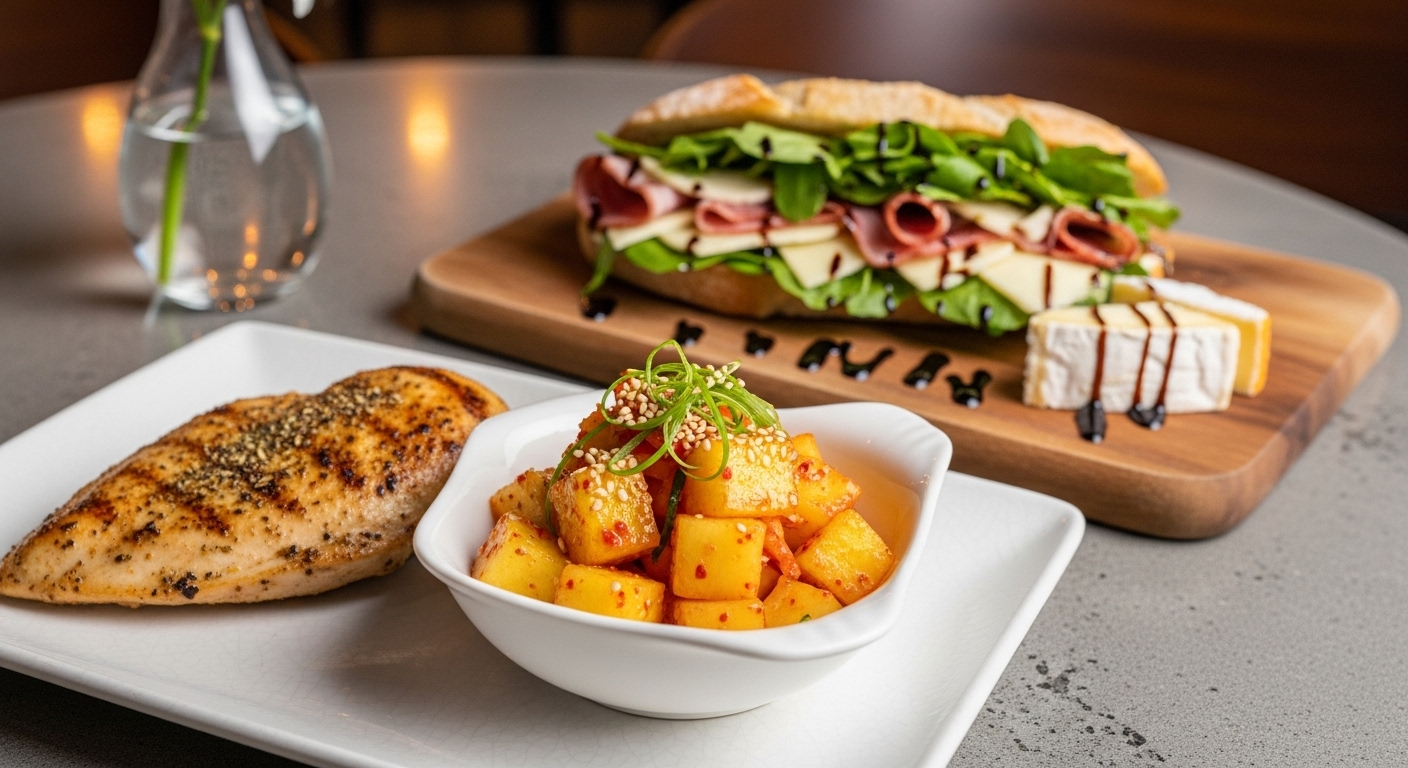 그릴드 치킨 또는 고급 샌드위치와 함께 세련된 식탁에 놓인 파인애플 깍두기.