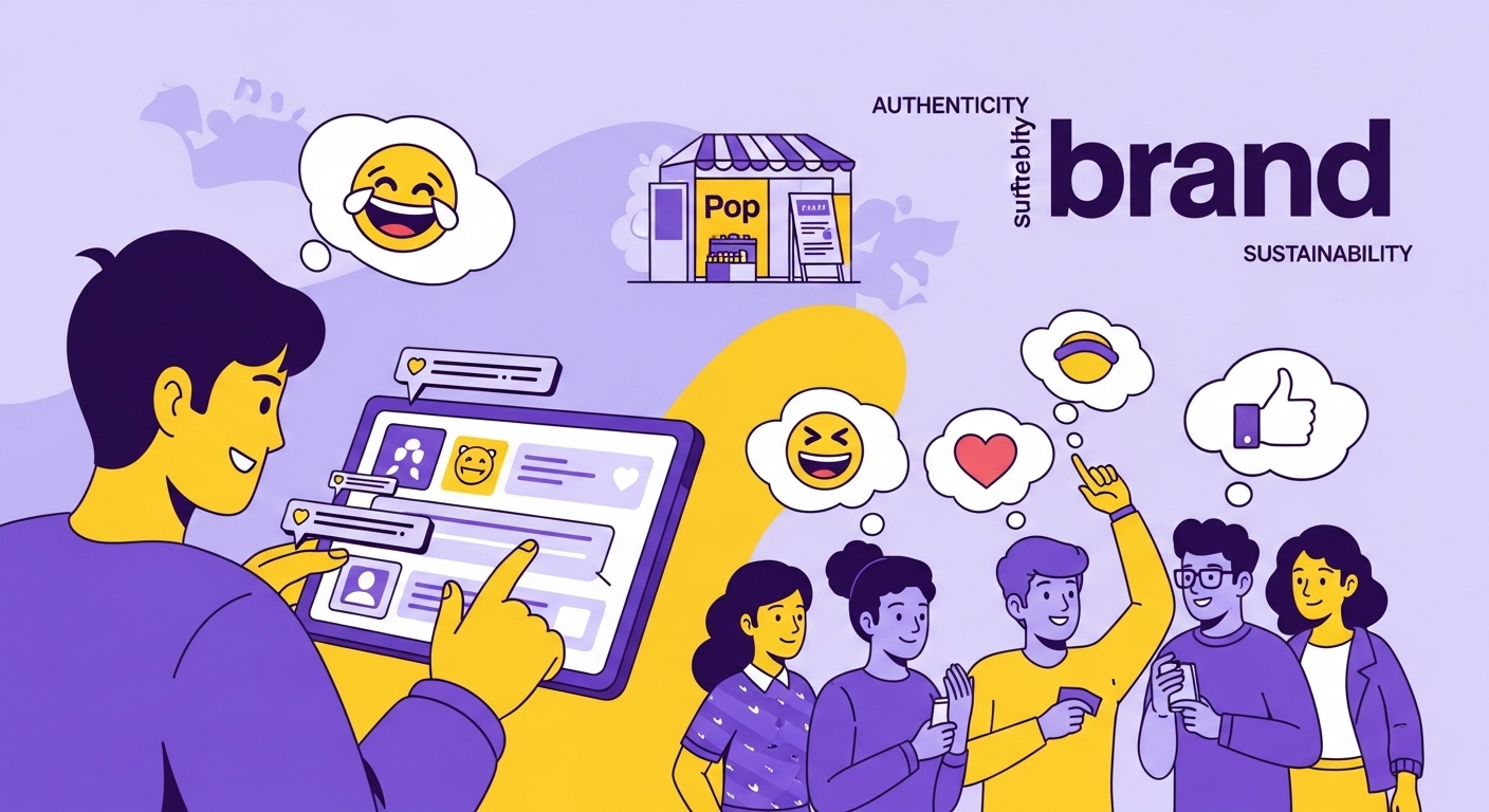 개인화된 콘텐츠, 소셜 미디어 참여, 진정성을 강조하는 브랜드 등 MZ세대 타겟 마케팅 전략을 보여주는 역동적인 일러스트레이션.