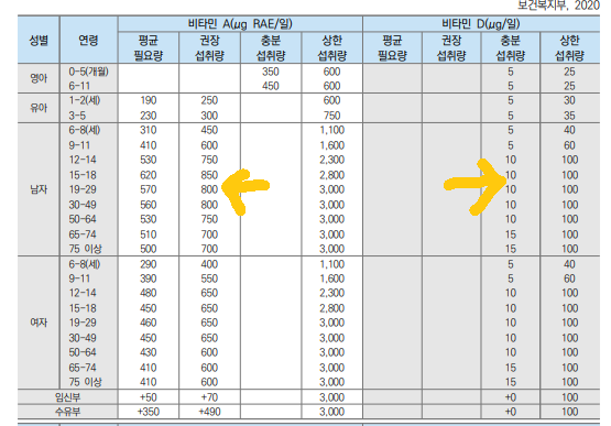 비타민A 비타민D 권장 섭취량