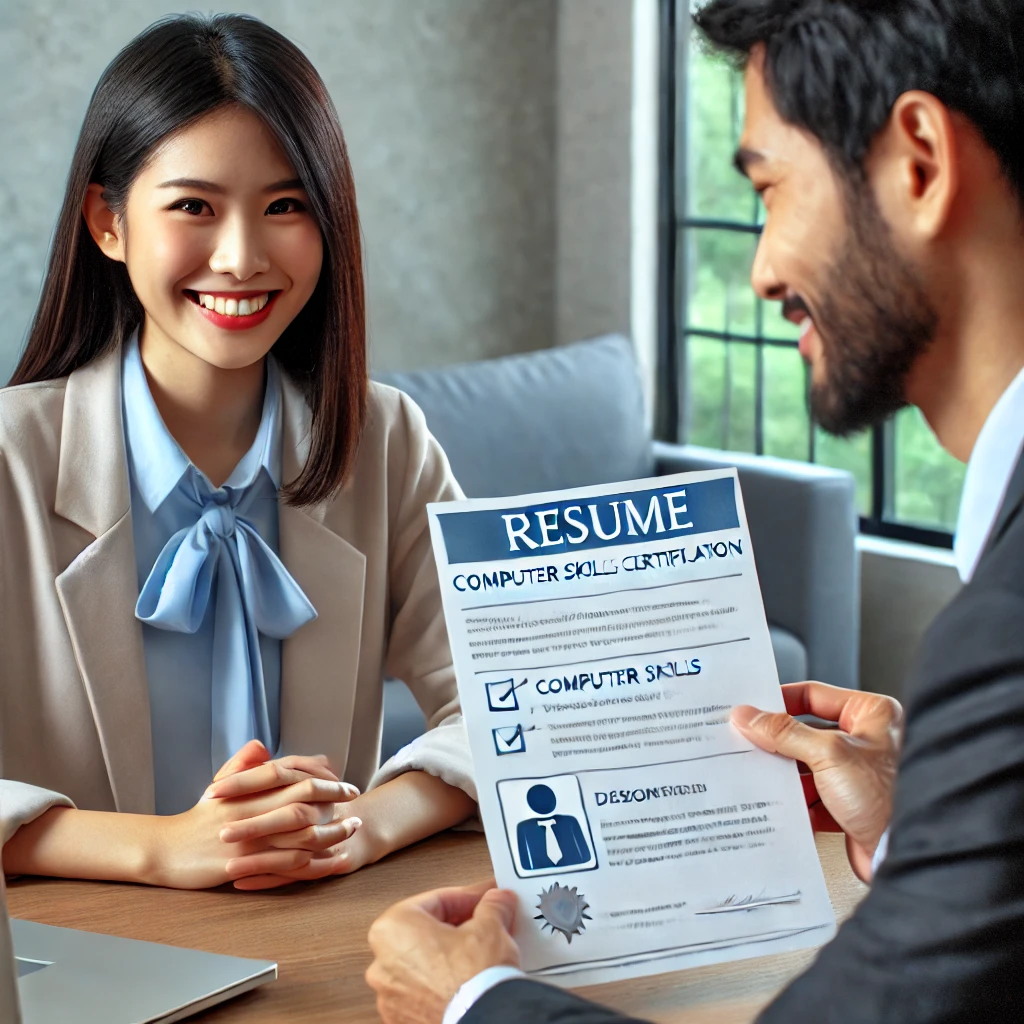 30대 초반의 한국 구직자가 면접 자리에서 자격증을 강조한 이력서를 자신 있게 보여주며, 면접관이 이를 검토하는 전문적인 인터뷰 환경