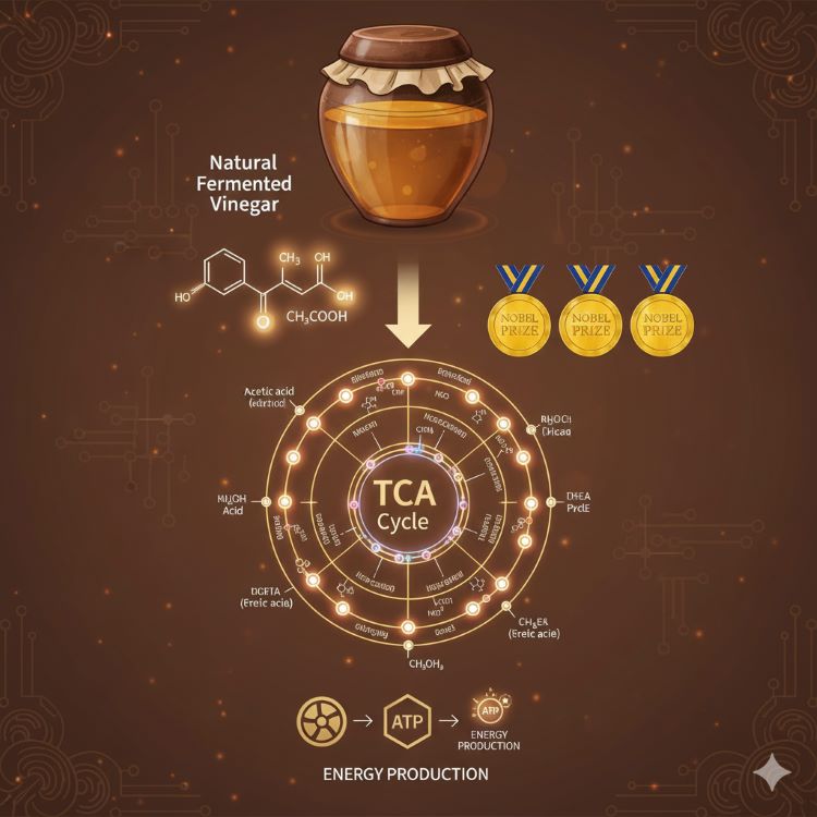 TCA 회로와 천연식초를 연결한 과학 인포그래픽. 중앙에 순환하는 TCA 회로 다이어그램이 있고, 위쪽에는 전통 옹기에 담긴 천연식초 일러스트. 회로 옆에는 노벨상 메달 3개가 배치되어 과학적 권위 표현. 식초병에서 아세트산 분자(CH3COOH)가 나와 미토콘드리아로 들어가는 화살표. 하단에는 에너지(ATP) 생성 과정을 간단한 아이콘으로 표시. 전통과 과학이 만나는 느낌의 브라운-골드-블루 컬러 조합