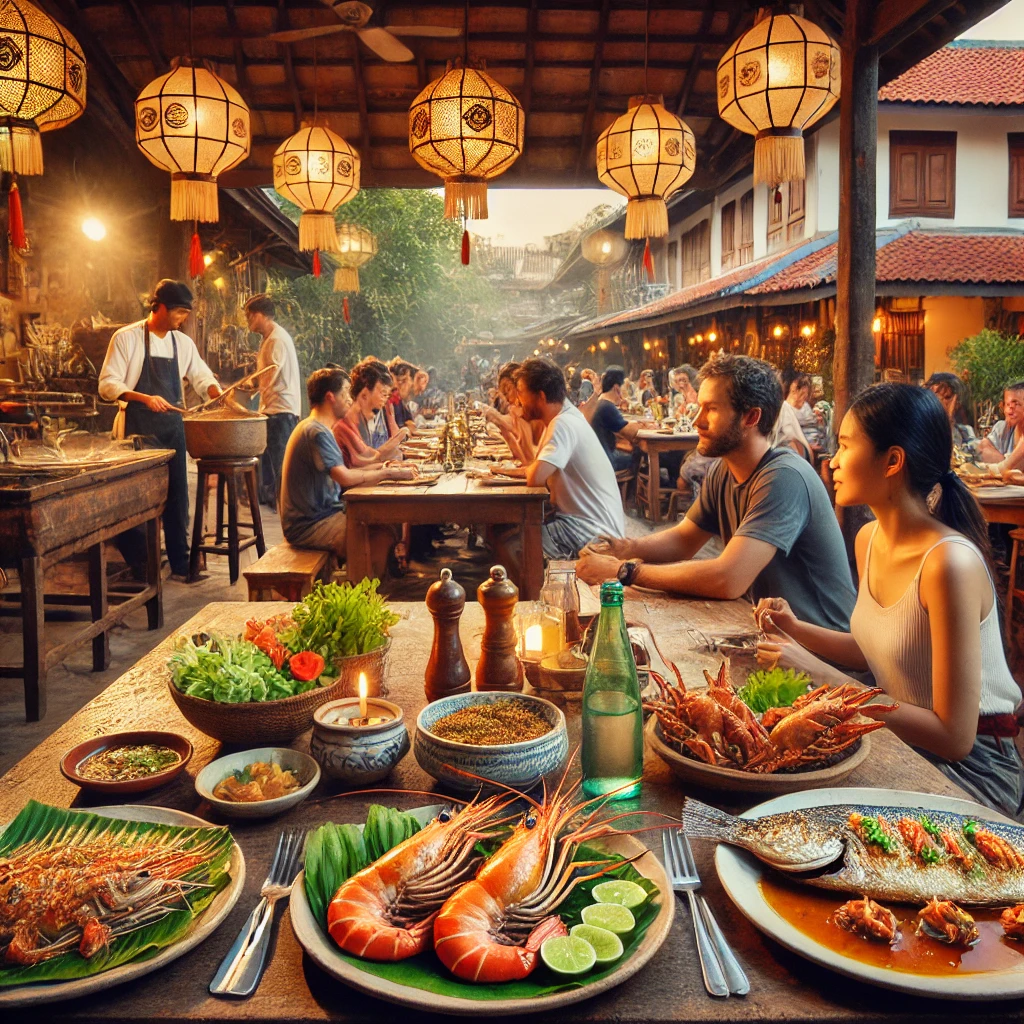 신선한 해산물 요리를 즐기는 치앙마이 로컬 레스토랑의 모습