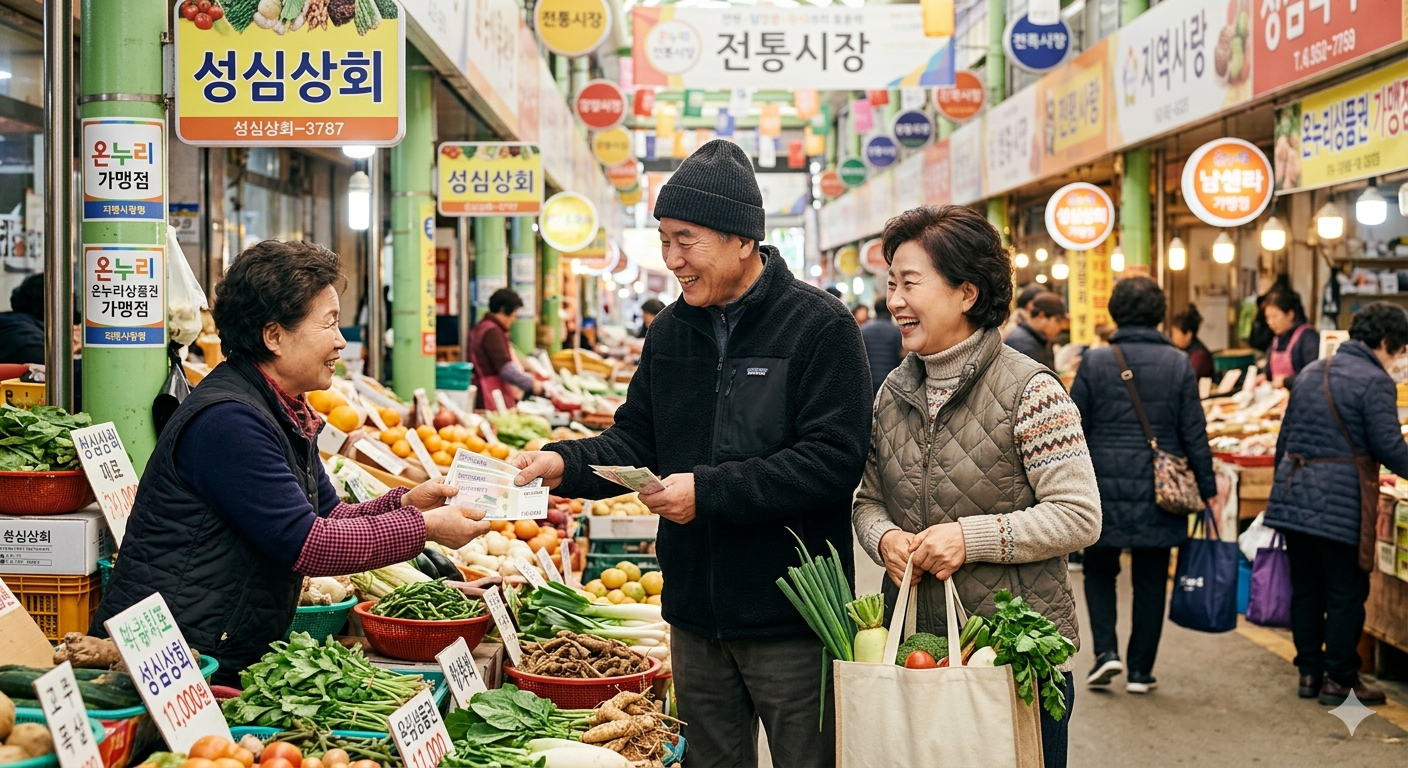 "활기찬 전통시장 채소 가게 앞에서 중년 부부가 밝게 웃으며 상인에게 온누리상품권을 건네고 있는 모습. 남편은 검은색 플리스 재킷과 비니를 쓰고 상품권을 내밀고 있으며, 아내는 패딩 조끼를 입고 신선한 파와 채소가 가득 담긴 에코백을 든 채 미소 짓고 있다. 주변에는 '전통시장', '온누리 가맹점'이라고 적힌 간판들과 신선한 무, 배추, 당근 등 다양한 농산물이 진열되어 있어 따뜻하고 정겨운 시장 분위기를 자아낸다."