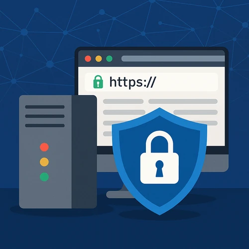 보안서버 구축을 상징하는 컴퓨터 화면의 https 자물쇠 아이콘과 서버 장비, 파란색 보안 방패 아이콘을 포함한 사이버 보안 일러스트