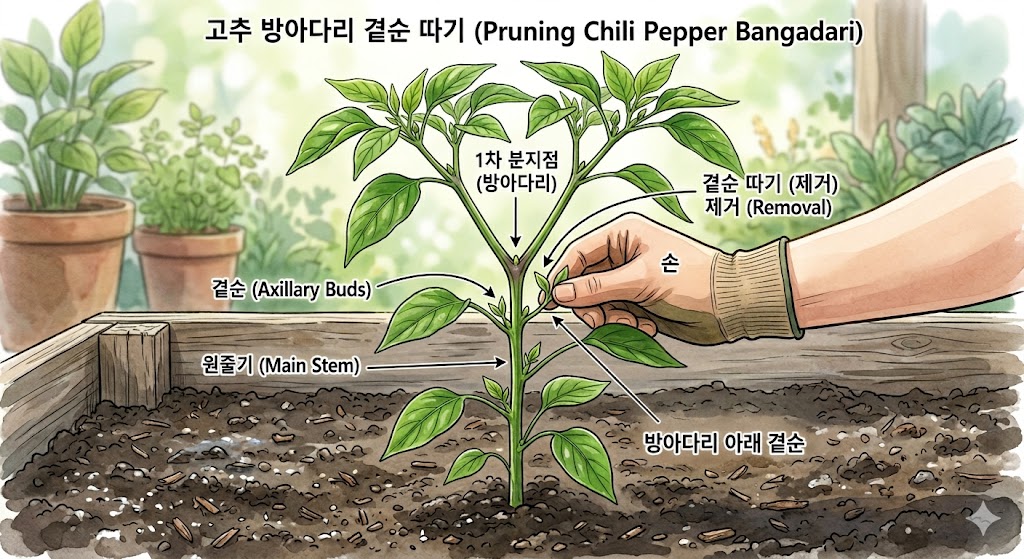 고추의 첫 번째 분지점인 방아다리와 그 아래 곁순을 제거하는 모습을 나타낸 그림