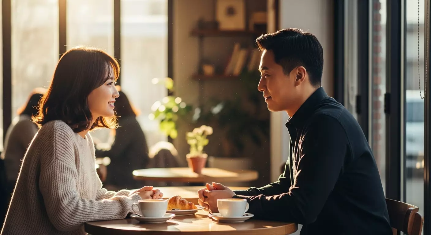 커플이 카페에서 대화하는 장면