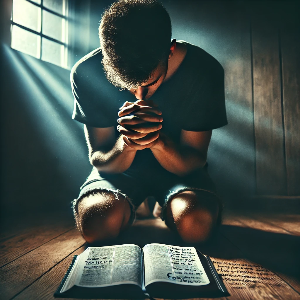 여기 진정한 회개의 기도를 드리는 모습이 담긴 이미지가 있습니다. 어두운 방 안에서 무릎을 꿇고 두 손을 간절히 모은 채, 눈물을 흘리며 하나님의 용서를 구하는 장면입니다. 성경이 앞에 펼쳐져 있으며, 회개의 마음을 담아 기록한 메모들이 주변에 놓여 있습니다. 위에서 내려오는 한 줄기 빛이 하나님의 자비와 은혜를 상징하며, 진정으로 죄에서 돌이켜 다시는 돌아가지 않으려는 결단을 강조합니다. 🙏✨📖