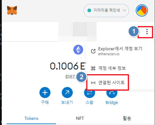 메타마스크에 연결된 사이트 메뉴 확인
