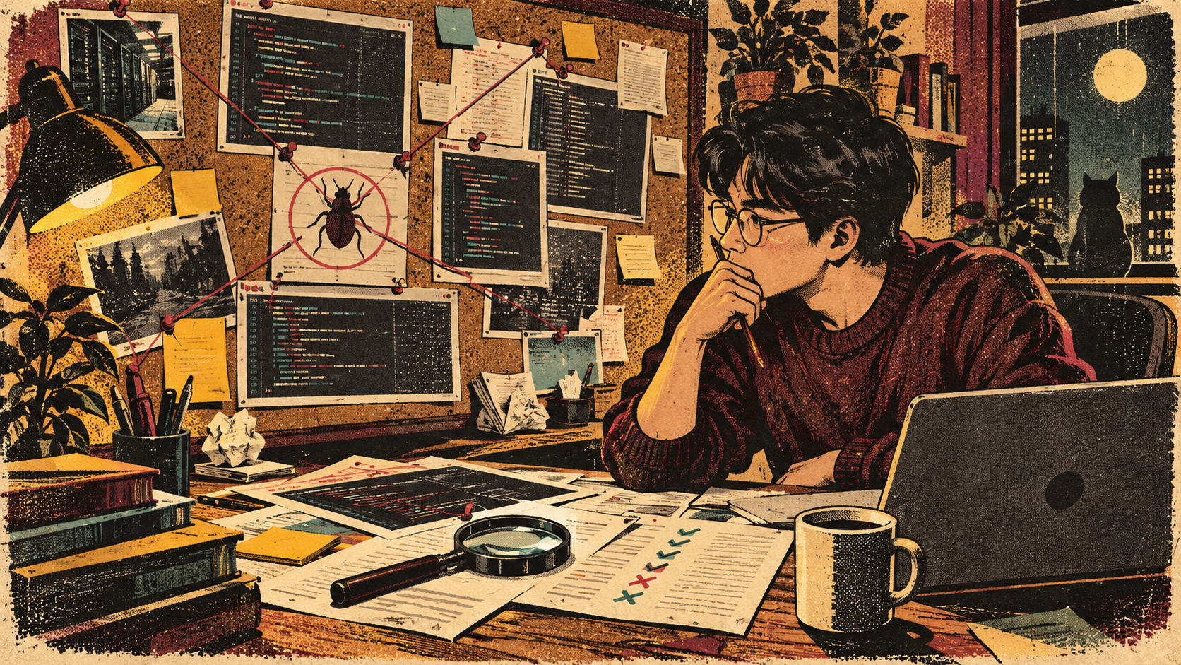 코드와 로그를 증거처럼 비교하며 버그 원인을 추적하는 개발자의 리소그래프 일러스트