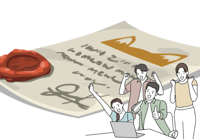 기뻐하는 학생들뒤로 책상위에 놓인 자격증