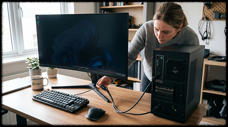 HDMI 케이블을 다시 연결하며 화면 출력 문제를 점검하는 모습