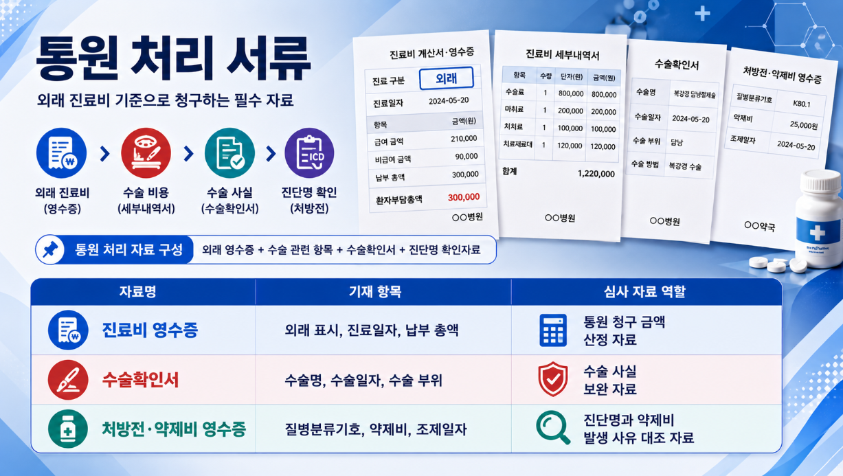 통원 처리 서류를 설명한 16:9 인포그래픽으로, 진료비 영수증&middot;수술확인서&middot;처방전&middot;약제비 영수증의 기재 항목과 심사 자료 역할을 정리한 이미지