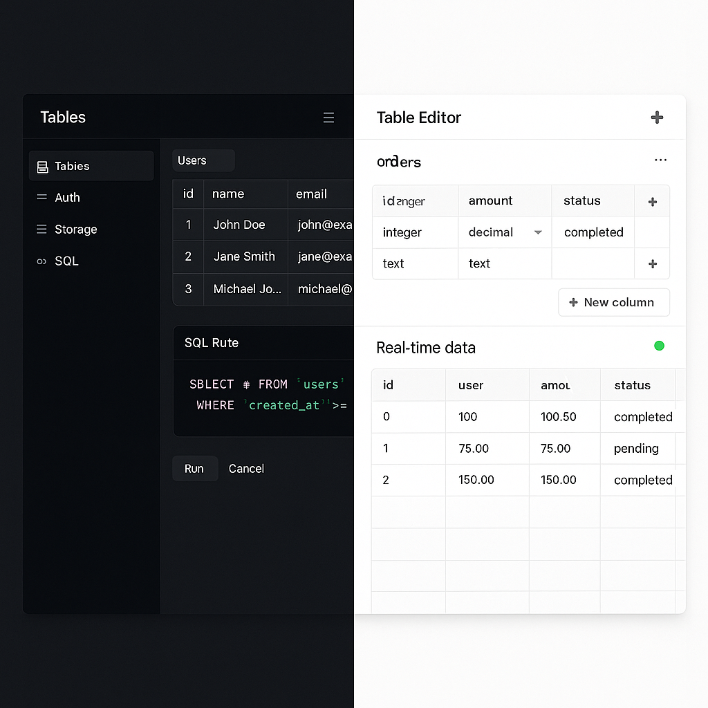 Supabase와 PlanetScale의 대시보드 인터페이스를 보여주는 화면으로 SQL 에디터와 테이블 관리 도구의 차이점을 시각화