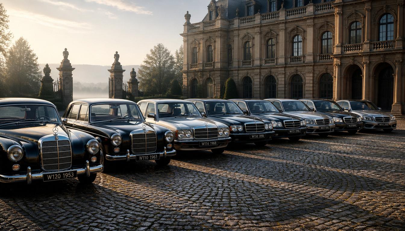 A stunning lineup of Mercedes-Benz E-Class generations spanning from the 1950s to the modern era, focusing on the three-pointed star emblem.