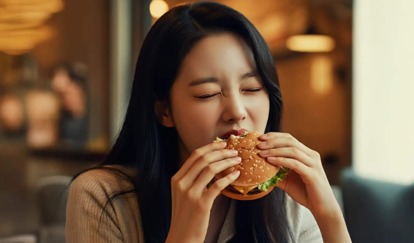 햄버거를 먹는 여성