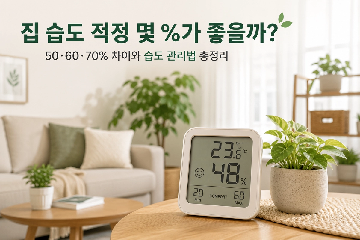 집 습도 적정 몇 %가 좋을까? 50·60·70% 차이와 습도 관리법을 소개하는 디지털 온습도계와 거실 인테리어 대표 이미지