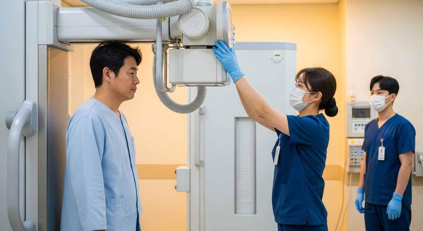 방사선사가 성인 남성을 흉부 X선 촬영 기계 앞에 세우고 검사 준비하는 모습