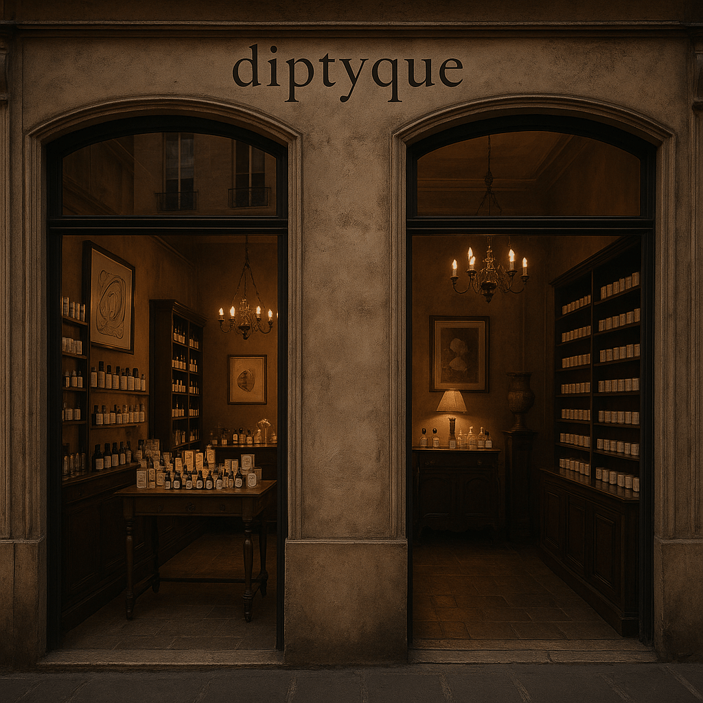파리의 빈티지 스타일 향수 부티크 딥디크 매장 내부. 아트 데코 인테리어와 은은한 조명 아래 진열된 향수와 캔들, 거리로 이어진 쌍둥이 창문이 파리 건축 감성을 강조한다.