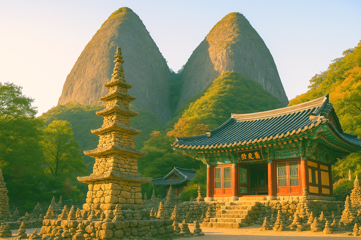 마진안 마이산과 탑사 일러스트 풍경