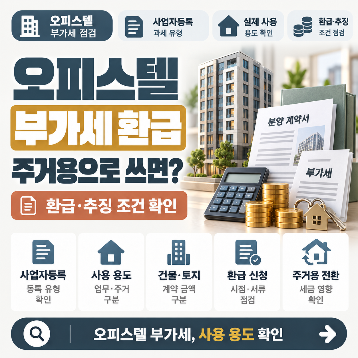 오피스텔 분양 계약서와 계산기를 놓고 부가세 환급 조건을 살펴보는 모습