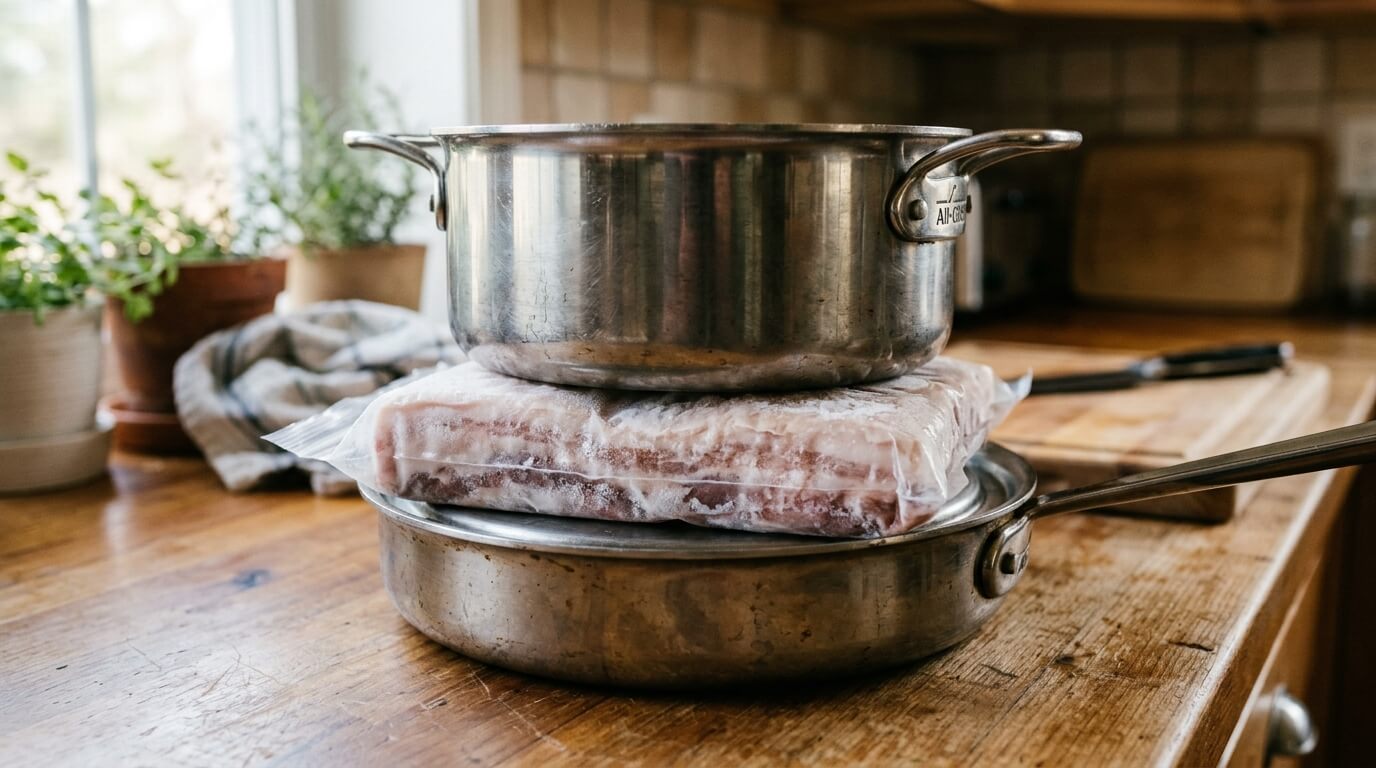 냉동 삼겹살 스테인리스 냄비 해동법 열전도 빠른 해동