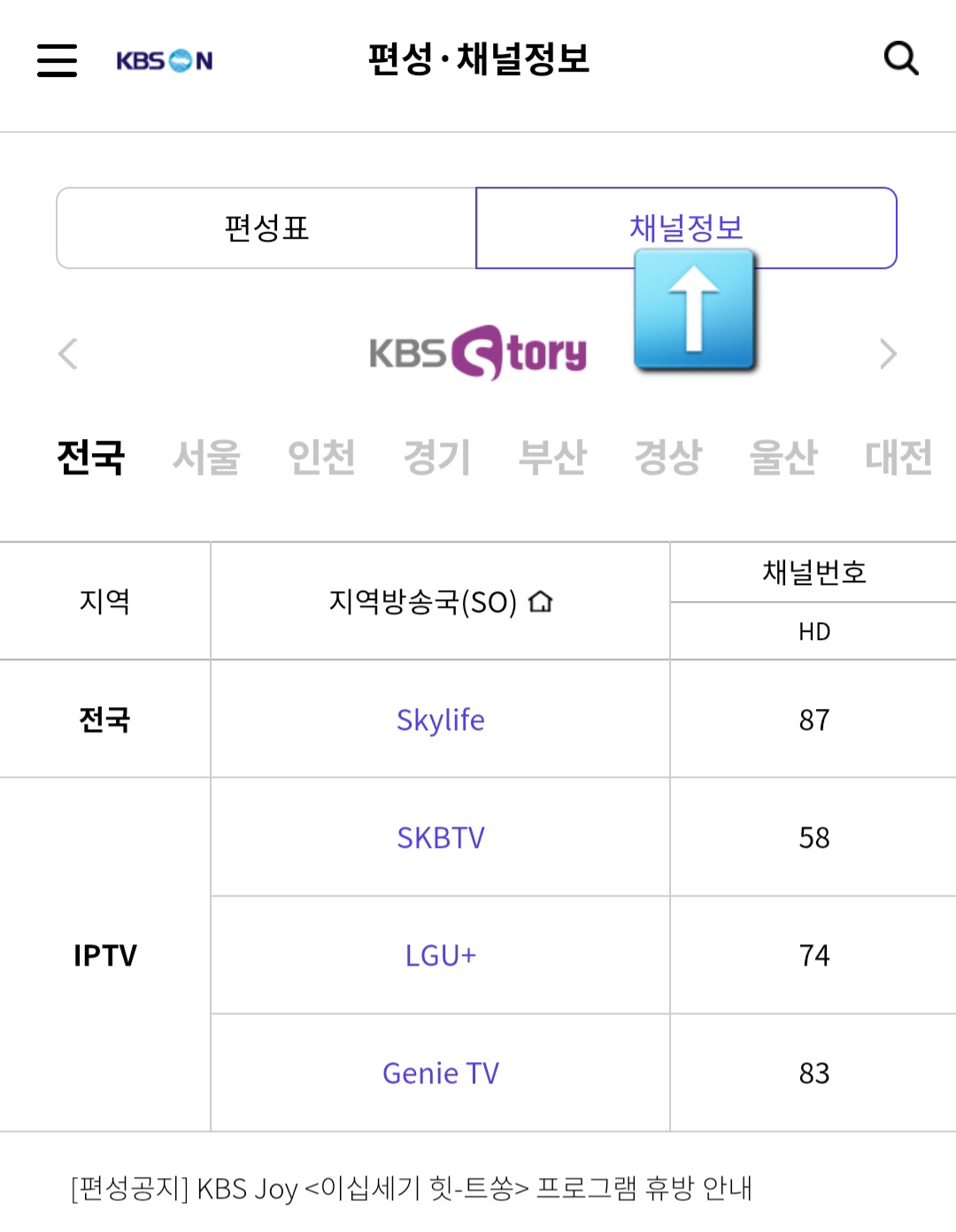 KBS-STORY-채널번호-확인하는-방법-여기에서-상단의-편성표와-채널정보를-확인할-수-있는데요.-채널정보를-클릭하면-자신의-지역을-선택-방송사에-맞는-번호를-확인할-수-있고&amp;#44;-KBS-STORY-외에도-왼쪽과-오른쪽-화살표를-클릭하면-KBS-drama&amp;#44;-KBSN-SPORTS&amp;#44;-KBS-joy&amp;#44;-KBS-Life&amp;#44;-KBS-Kids-등-원하는-채널의-번호와-편성-시간도-함께-확인할-수-있습니다.