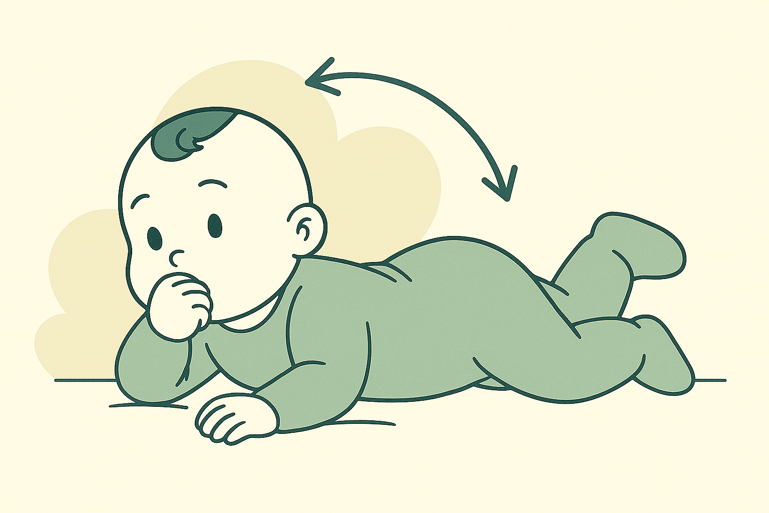 아기가 옆으로 몸을 틀며 뒤집기를 시도하는 모습과 방향을 유도하는 화살표