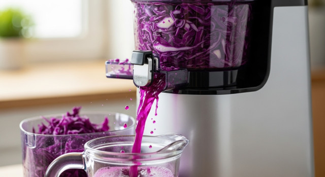 착즙기에서 양배추즙이 나오는 장면