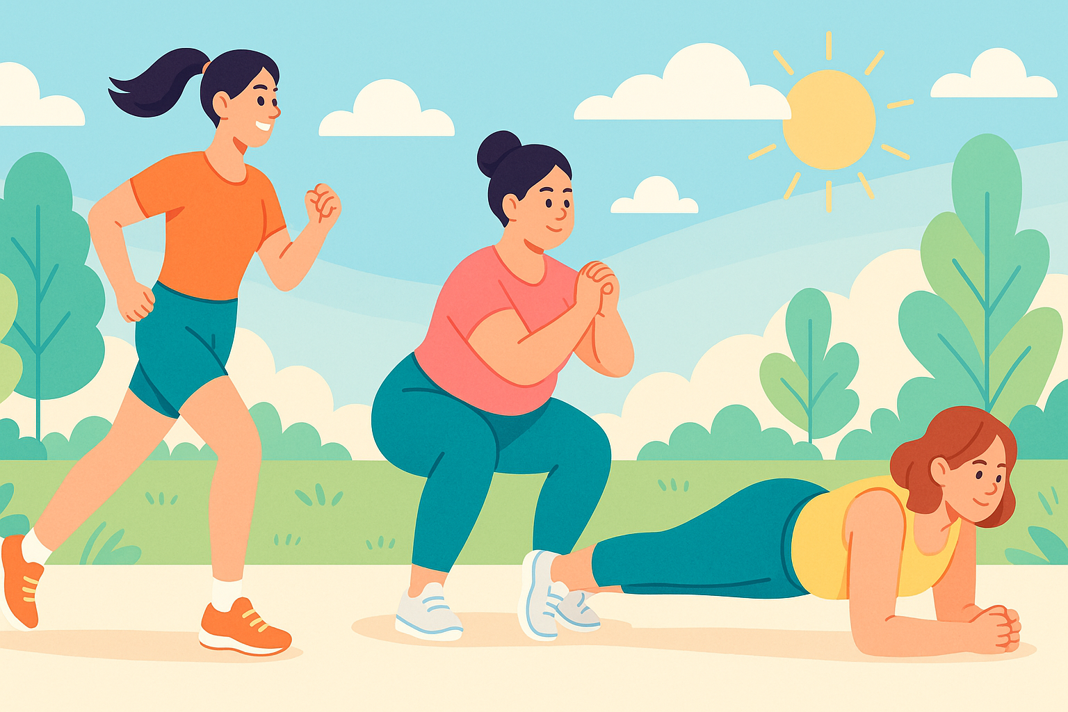 여름철 다이어트를 위한 세 가지 체형별 운동 모습을 보여주는 이미지