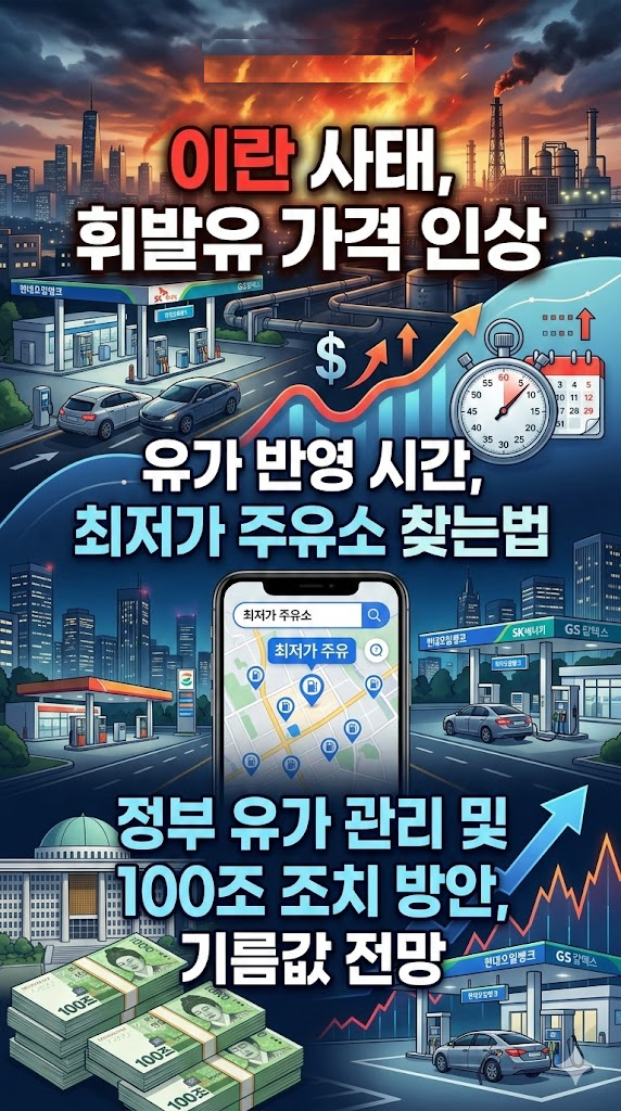 이란 사태, 휘발유 가격 인상, 유가 반영 시간, 최저가 주유소 찾는법, 정부 유가 관리 및 100조 조치 방안, 기름값 전망