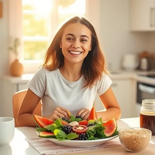 햇살이 잘 드는 아침 식탁에서 신장 건강에 좋은 음식이 담긴 접시를 앞에 두고 활짝 웃고 있는 건강하고 활기찬 젊은 여성 또는 남성의 모습입니다. 음식을 맛있게 즐기는 표정에서 만족감과 건강한 생활이 느껴지도록 연출해 주세요.