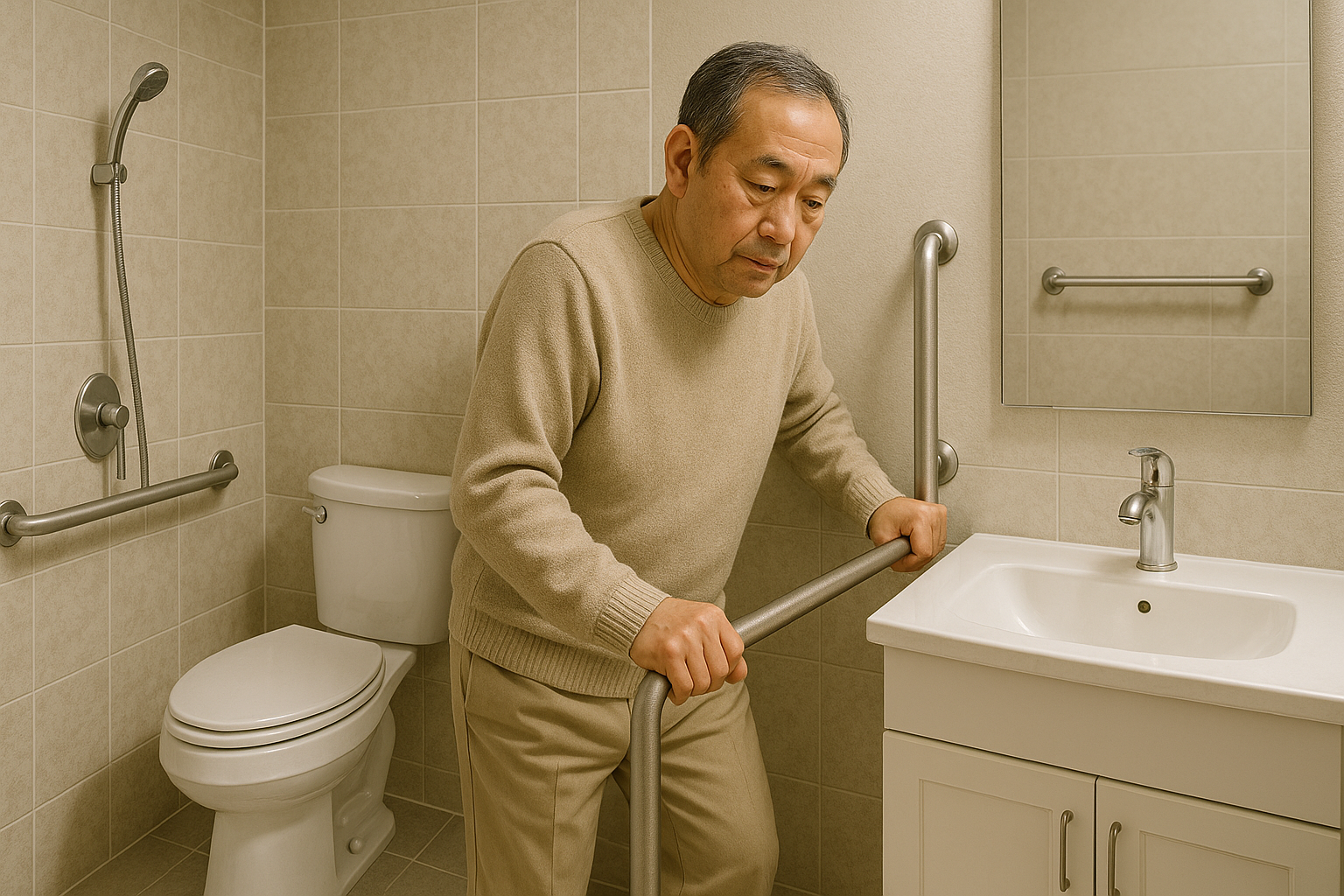 욕실에서 안전 손잡이를 잡고 서 있는 남성 노인의 모습