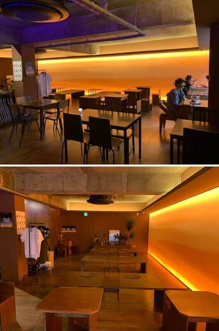 낙조 공간의 테이블 및 의자