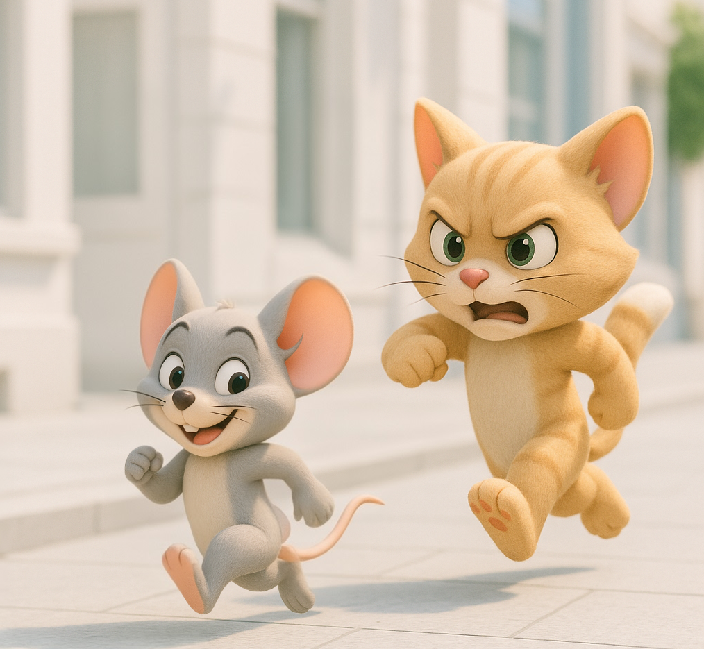 귀여운 쥐를 추격하는 귀여운 고양이 이미지