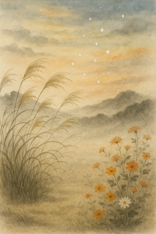 2025년 9월 을유월, 초가을 은빛과 황금빛이 어우러진 하늘 아래 이슬 맺힌 덩굴과 가을 풀, 섬세하고 차분한 분위기의 수채화 일러스트