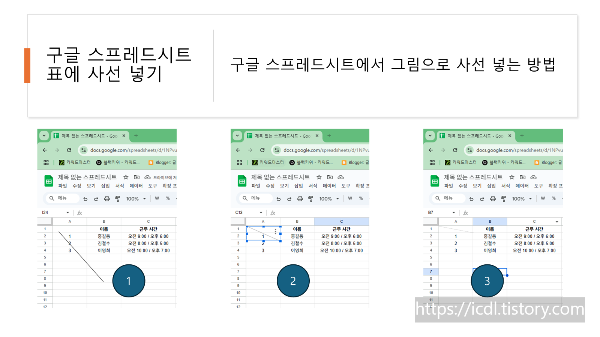 구글 스프레드시트에서 표에 사선 넣기