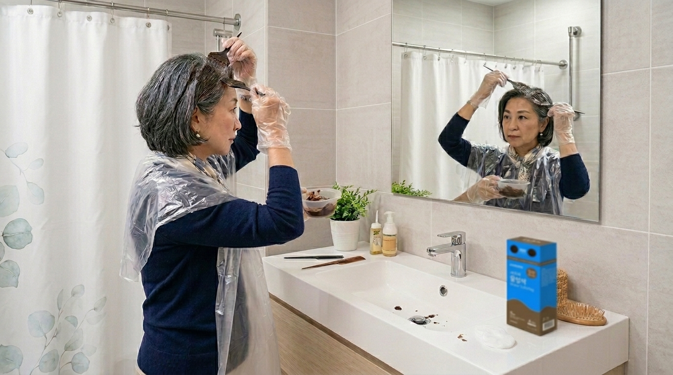 욕실에서 염색하는 여인