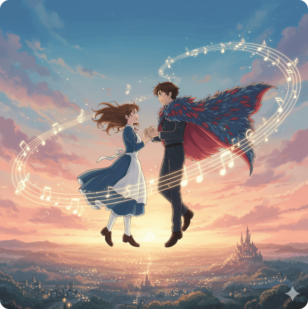 alt="하울과 소피를 모티브로 한 두 남녀가 황혼빛 하늘 아래 손을 맞잡고 춤을 추는 일러스트"