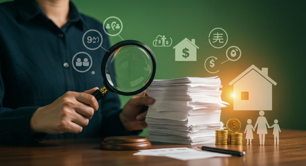 2025년 건강보험 피부양자 등록 조건을 돋보기로 확인하는 모습, 복잡한 서류와 가족을 상징하는 아이콘들이 함께 있는 이미지