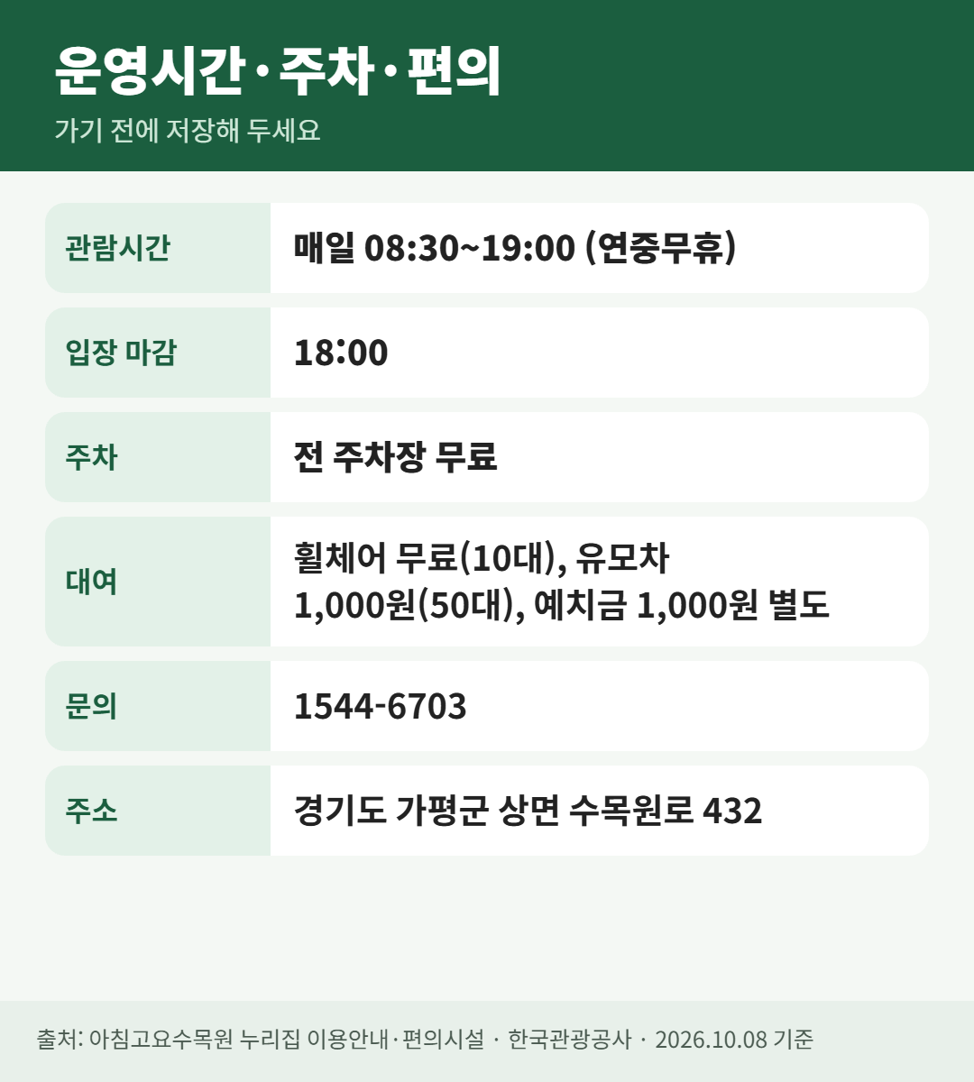 아침고요수목원 운영시간 주차 편의 카드. 08:30~19:00, 입장 마감 18:00, 전 주차장 무료, 휠체어 유모차 대여